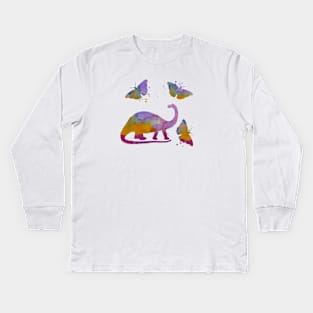 Long Neck Dinosaur, Sauropod, Brontosaurus, Dino, Art Butterflies Kids Long Sleeve T-Shirt